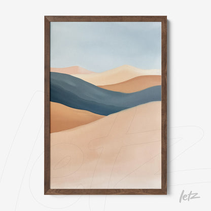 framed abstract wall art in earthy tones and blues with dark wood frame