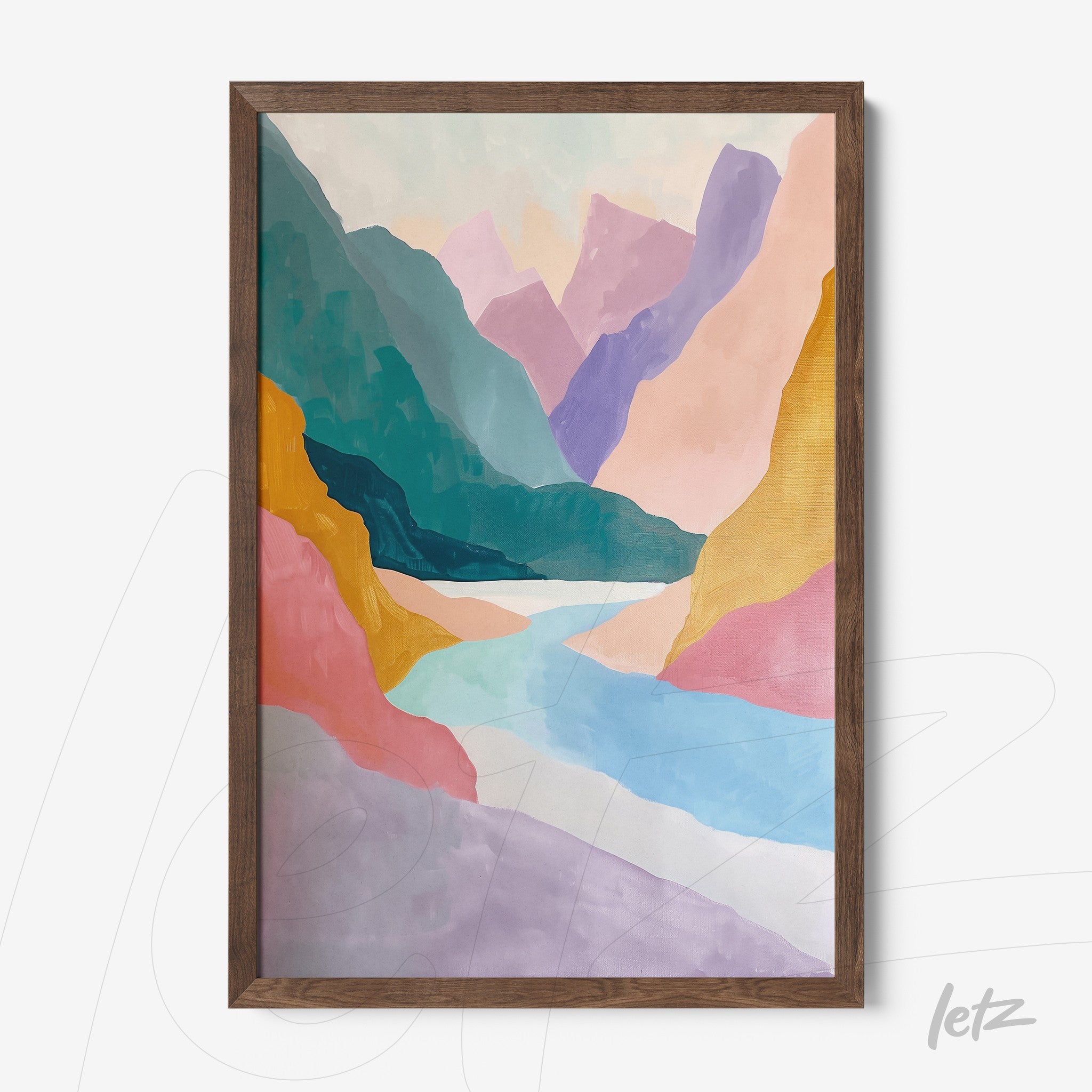 framed abstract art of a mountainous landscape with wooden frame