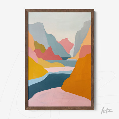 framed wall art featuring abstract pastel colors depicting a mountainous landscape with a lake