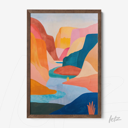 framed abstract artwork of mountainous landscape with dark wood frame