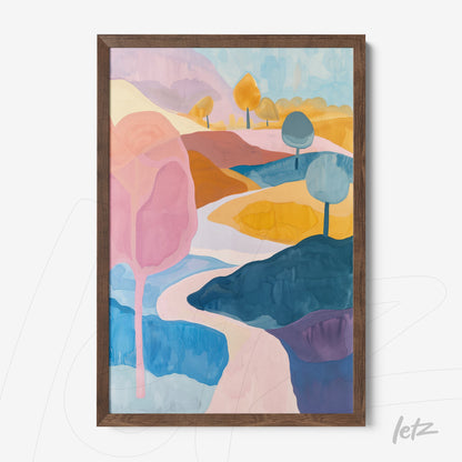 framed wall art featuring an abstract colorful landscape with dark wood frame