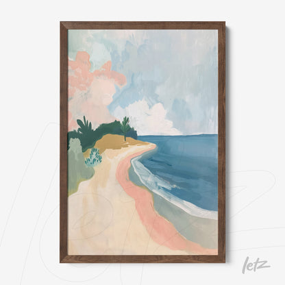 framed abstract art of a serene beach landscape with palm trees in dark wood frame