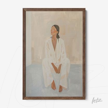 framed artwork of a woman sitting in white pajamas with dark wooden frame
