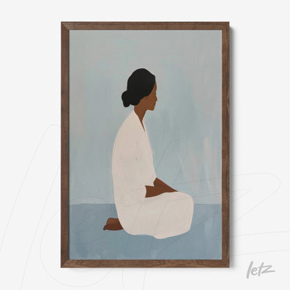 minimalist framed art of a woman sitting in a meditation pose with a light blue background and dark wood frame