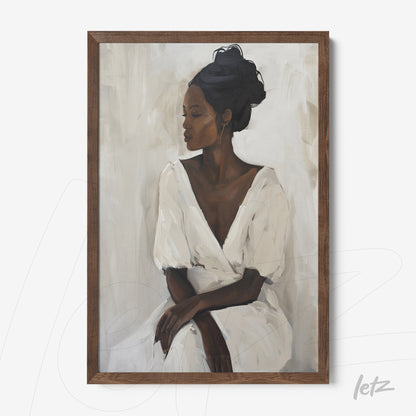 framed wall art of a woman in a white dress with dark wooden frame