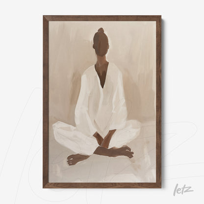 framed artwork in dark wood featuring minimalist illustration of a seated figure in meditation wearing white attire