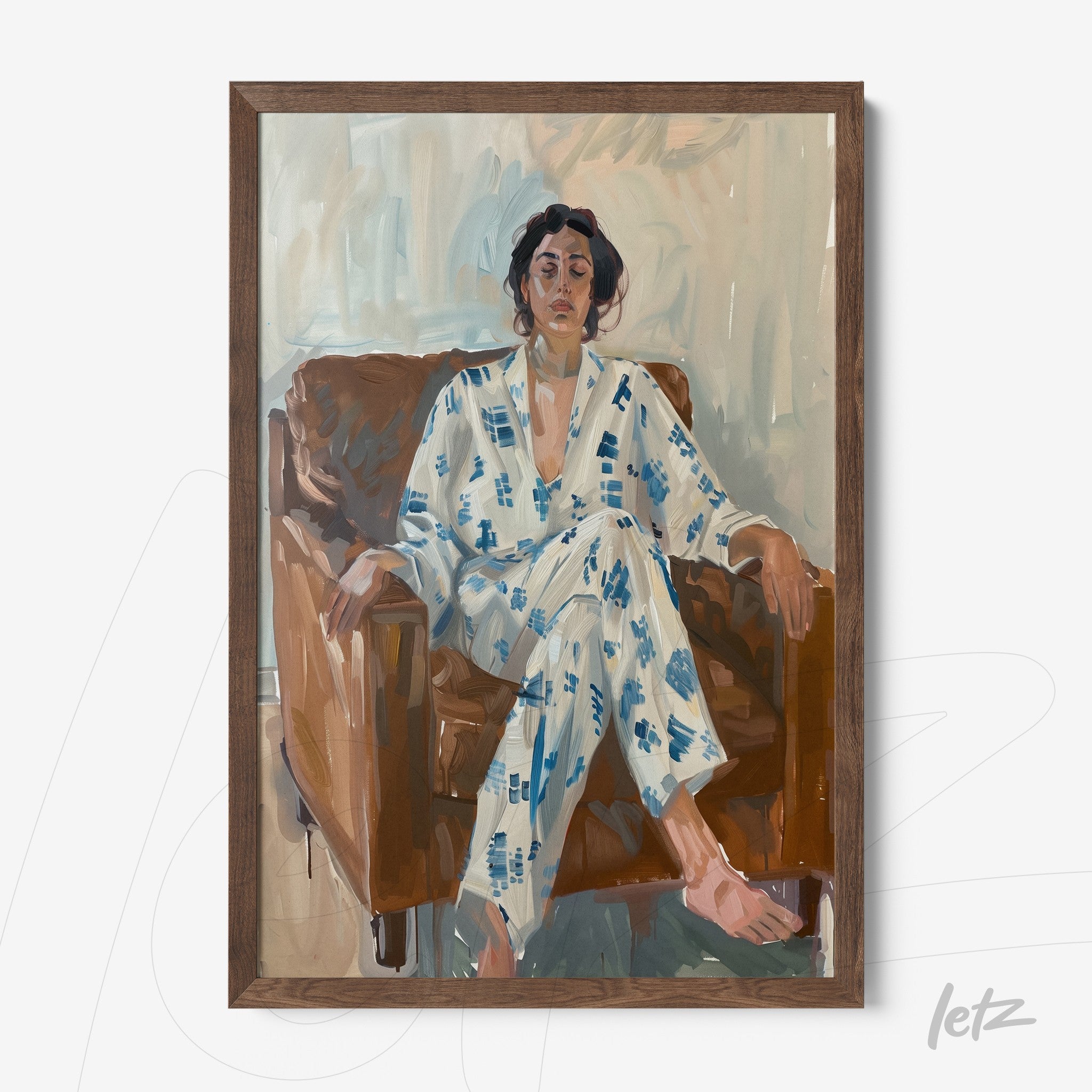 impressionistic art print of a woman sitting on a brown sofa wearing blue patterned pajamas