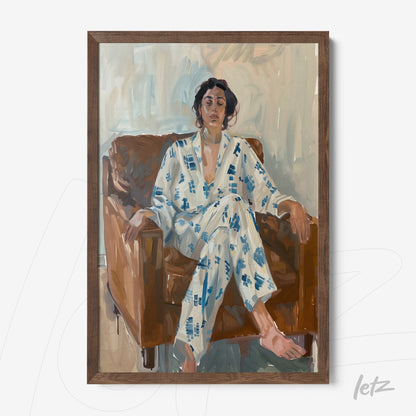 impressionistic art print of a woman sitting on a brown sofa wearing blue patterned pajamas