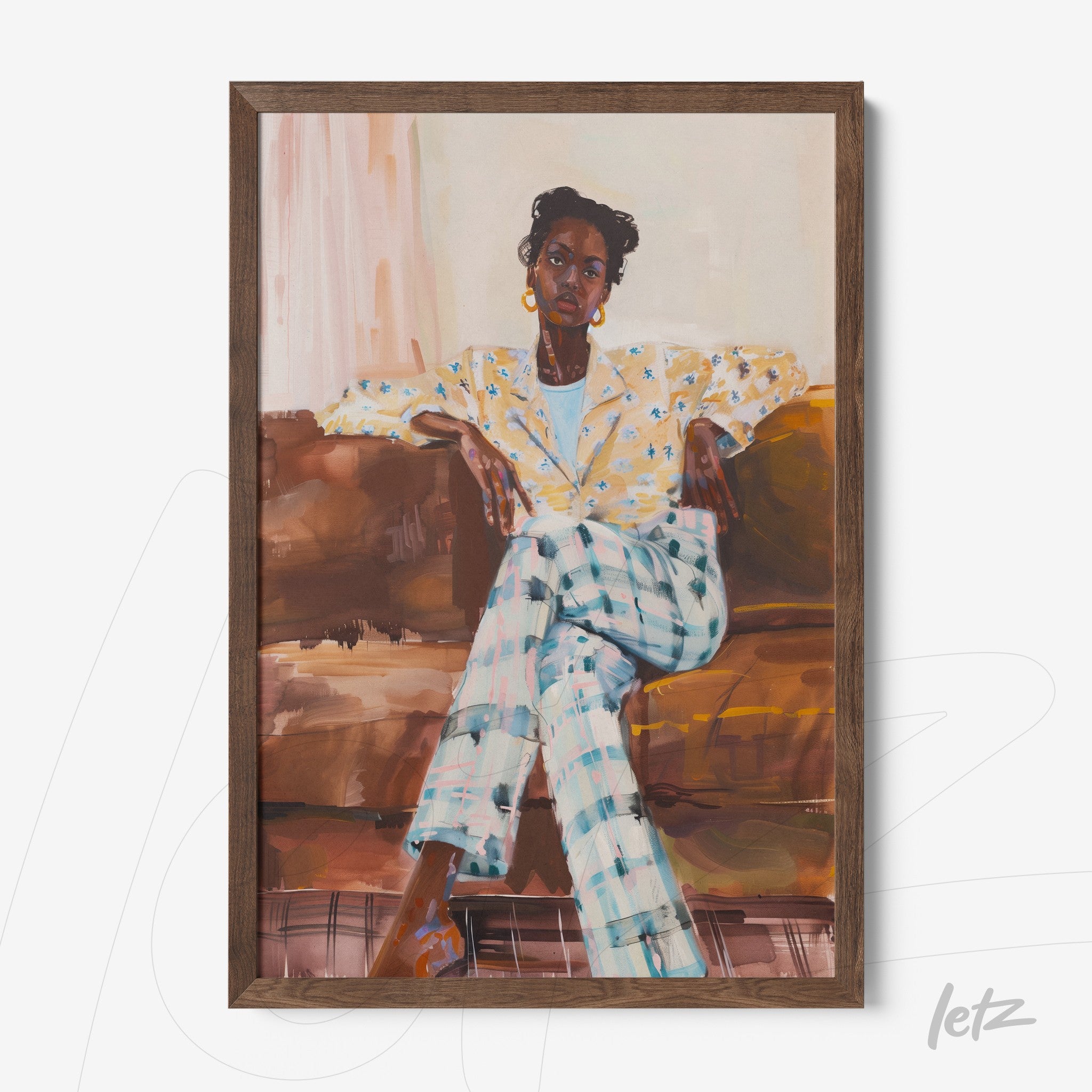 framed portrait of a seated woman on a sofa, wearing a yellow patterned blazer and checked trousers with dark wood frame