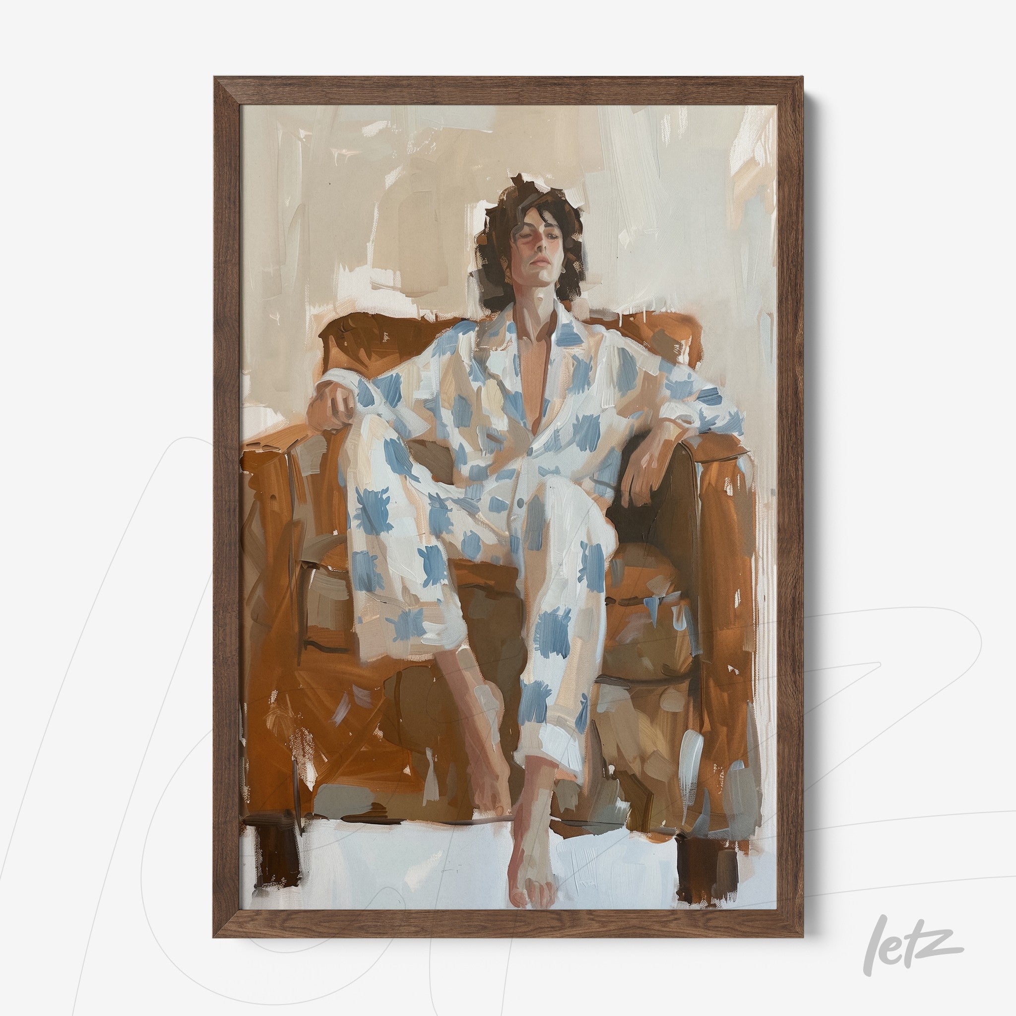 framed artwork of a man lounging on a sofa in blue and white pajama, light wooden frame
