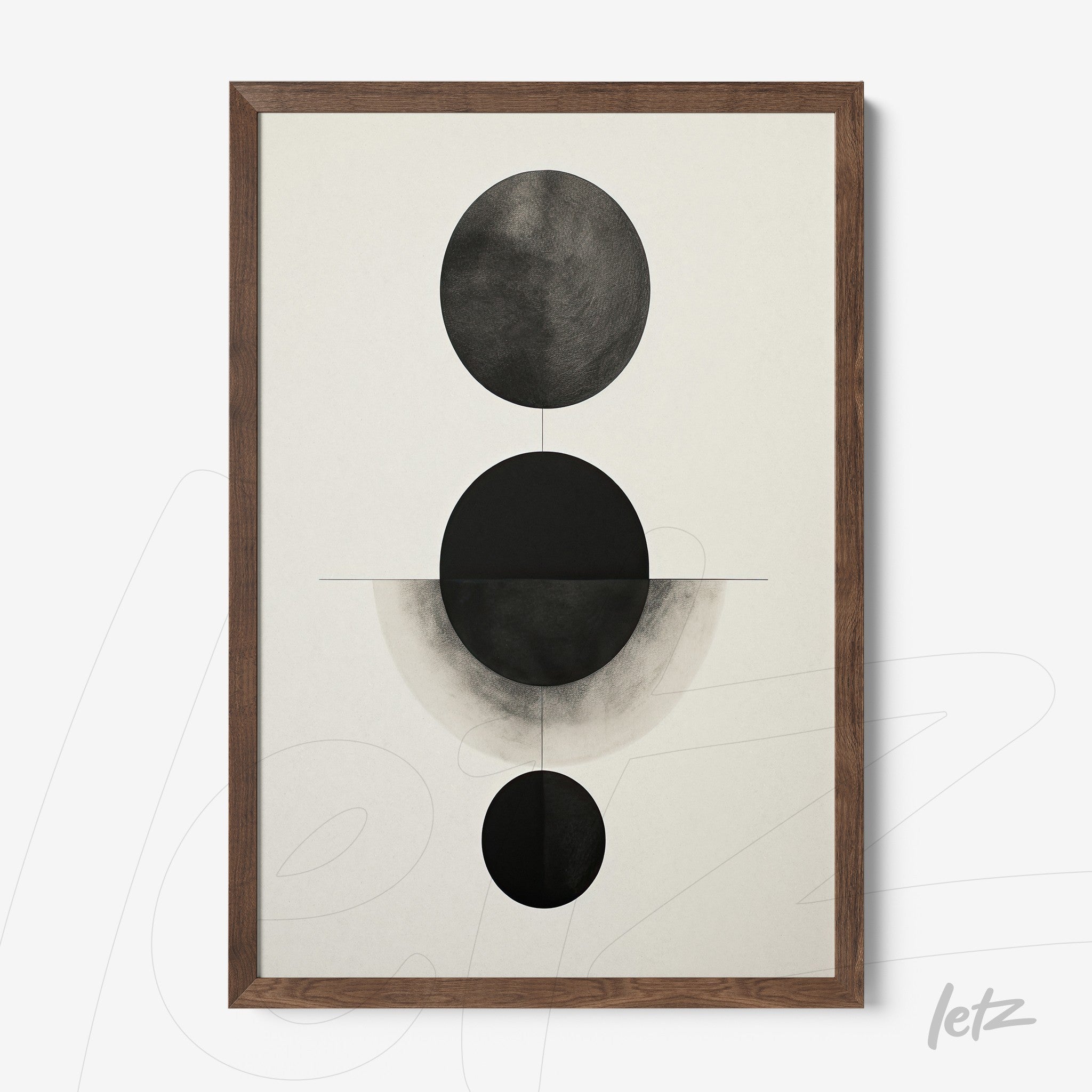 framed abstract wall art in black and white featuring geometric shapes of varying sizes on a light background with a dark wooden frame