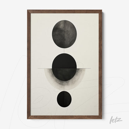 framed abstract wall art in black and white featuring geometric shapes of varying sizes on a light background with a dark wooden frame