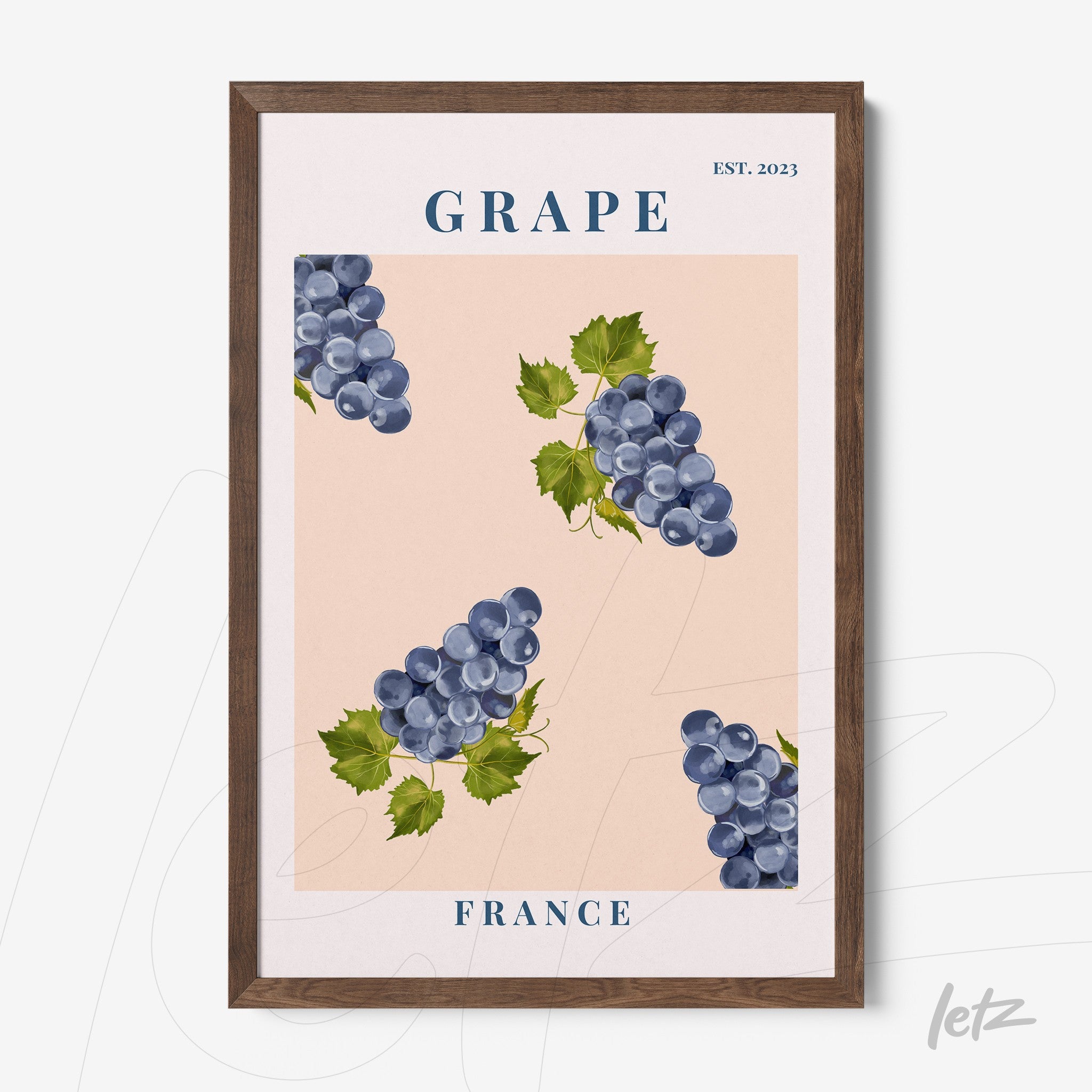 framed wall art featuring blue grapes illustrations on pink background with dark wood frame