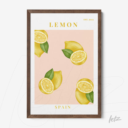 framed artwork featuring yellow lemons on a pink background with dark wood frame