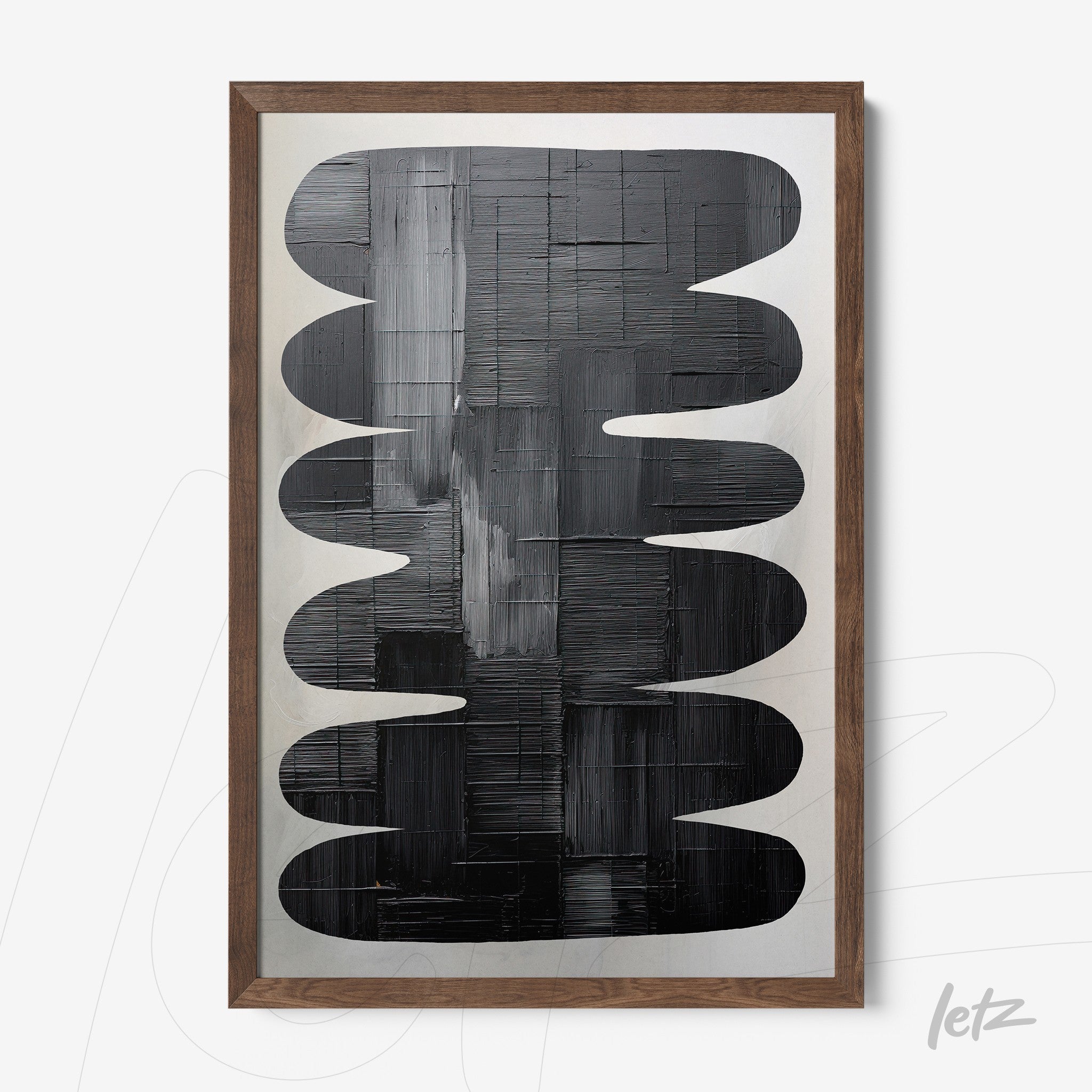 abstract art piece in black tones featuring organic shapes in light wood frame
