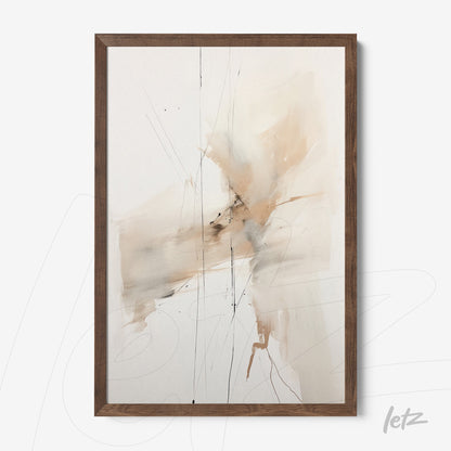 framed abstract art in neutral tones with fine lines and light wood frame