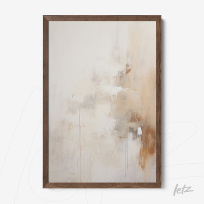 abstract wall art in shades of beige and light brown, featuring a dark wood frame