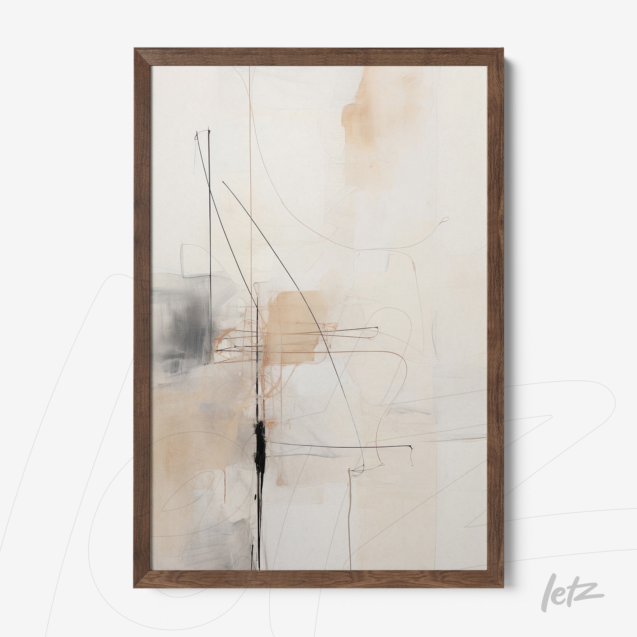 abstract wall art in wooden frame featuring black lines and neutral tones including light beige and light gray