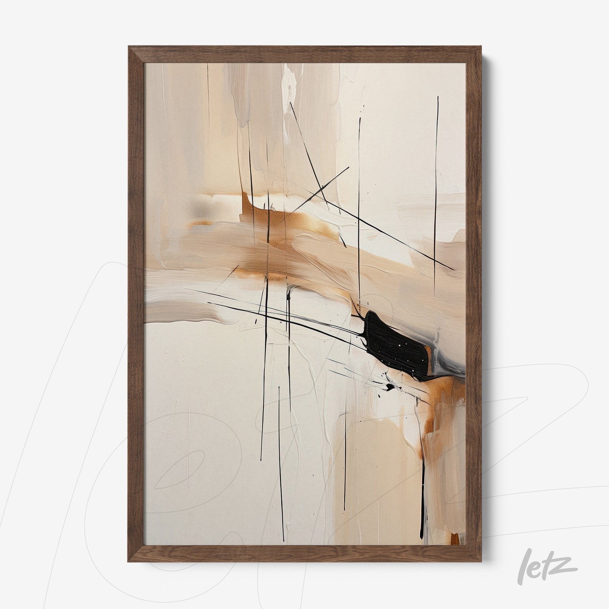 abstract art framed in dark wood featuring black lines on a light background with brown accents
