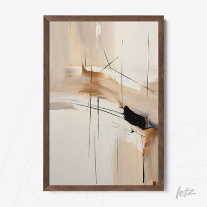 abstract art framed in dark wood featuring black lines on a light background with brown accents