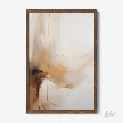 framed abstract art piece in shades of beige and brown with dark wood frame