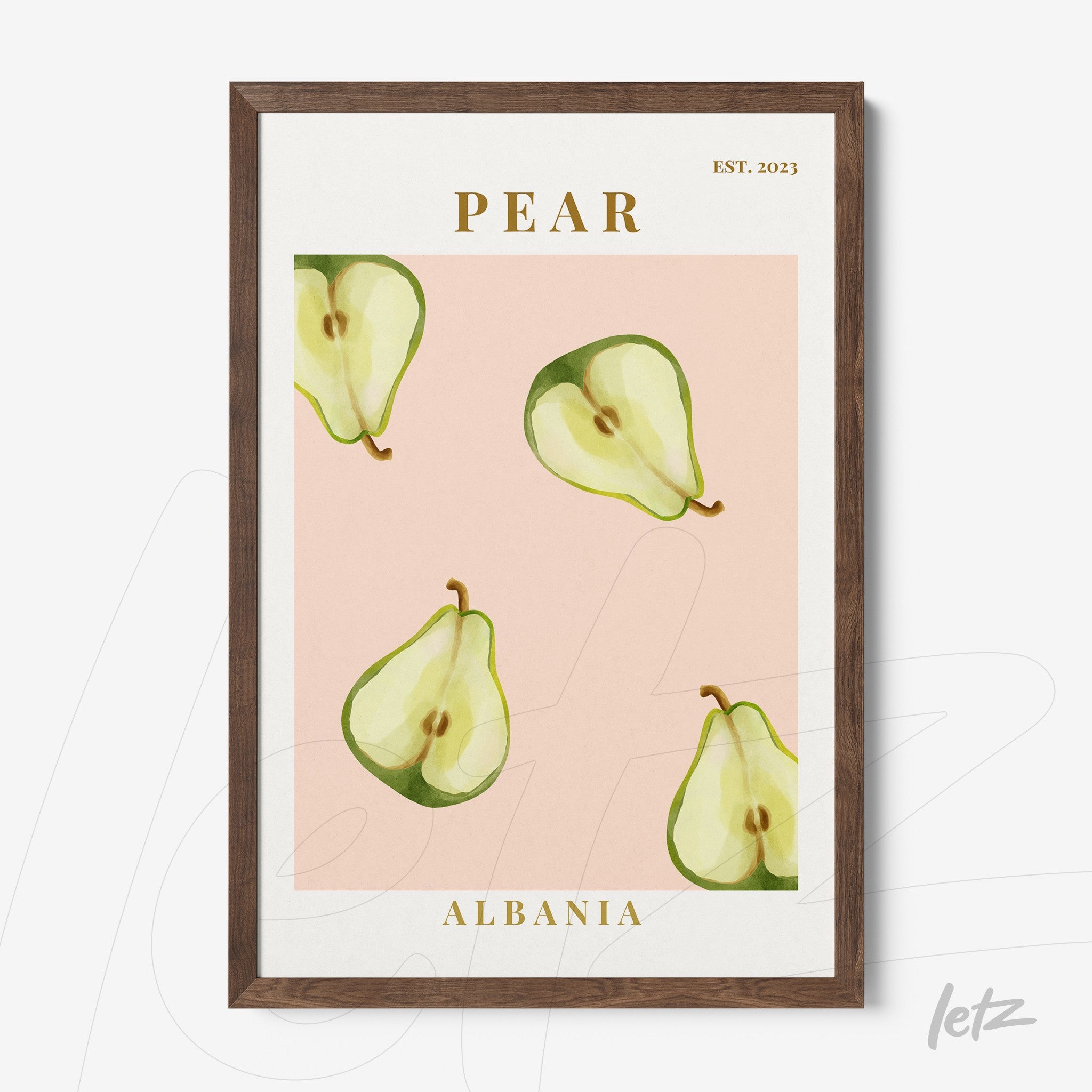 framed wall art featuring minimalist illustration of pears on pink background with dark wooden frame