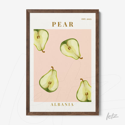 framed wall art featuring minimalist illustration of pears on pink background with dark wooden frame