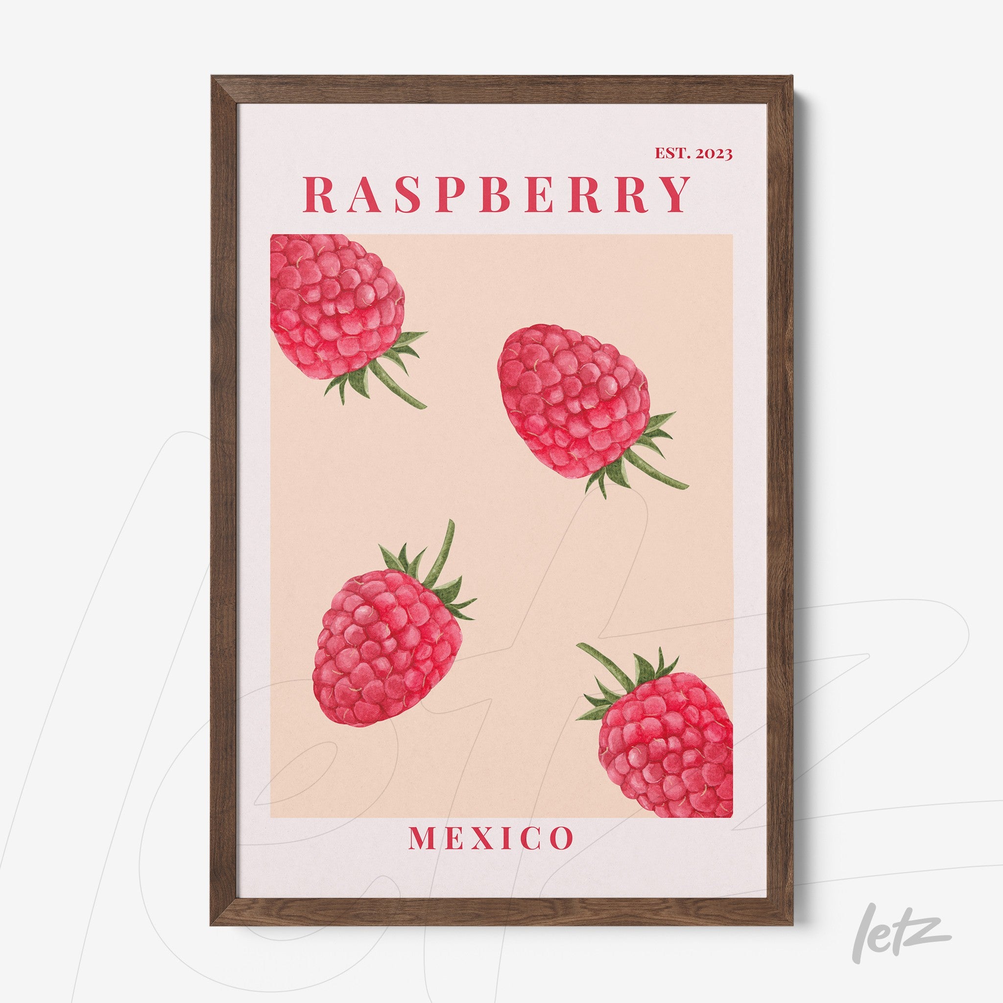 framed wall art featuring illustrative raspberries on light pink background with dark wooden frame