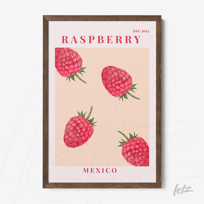 framed wall art featuring illustrative raspberries on light pink background with dark wooden frame