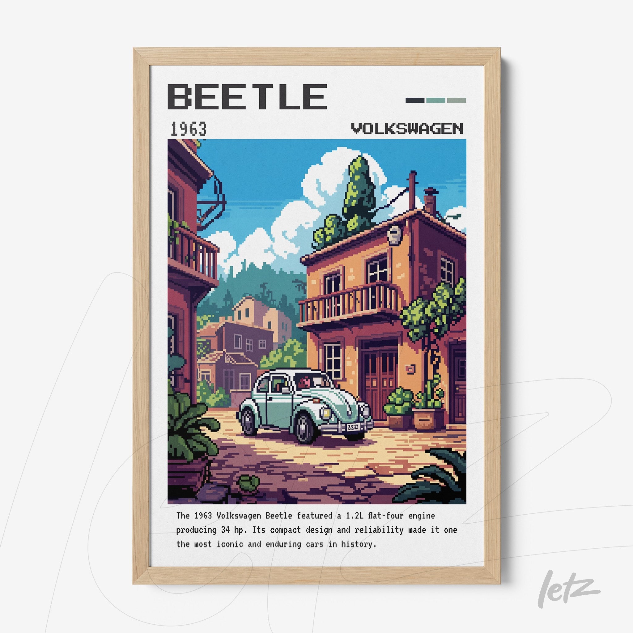 pixel art print depicting a 1963 Volkswagen Beetle against a vibrant background of colorful houses in a light wood frame