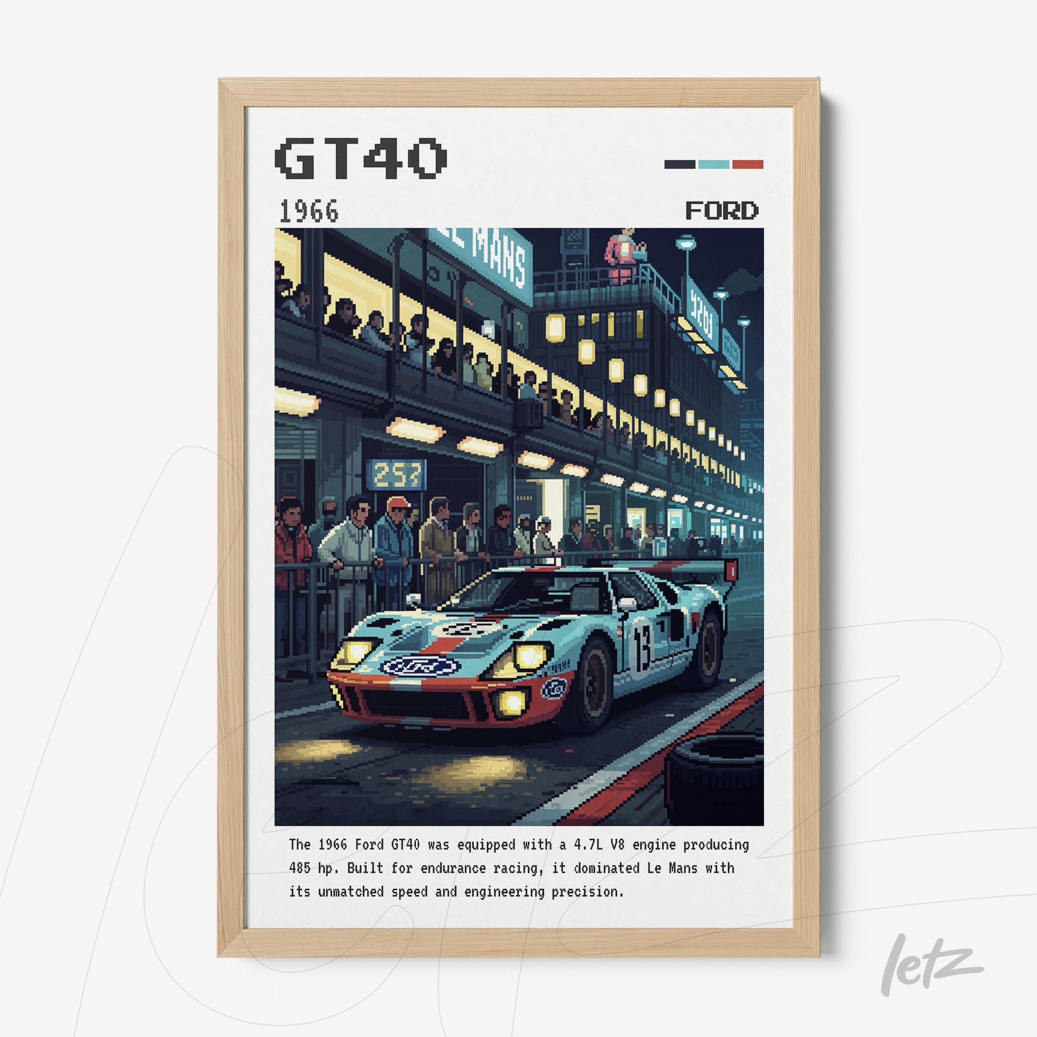 retro art print of a ford gt40 racing car at night with track details and spectators in the background