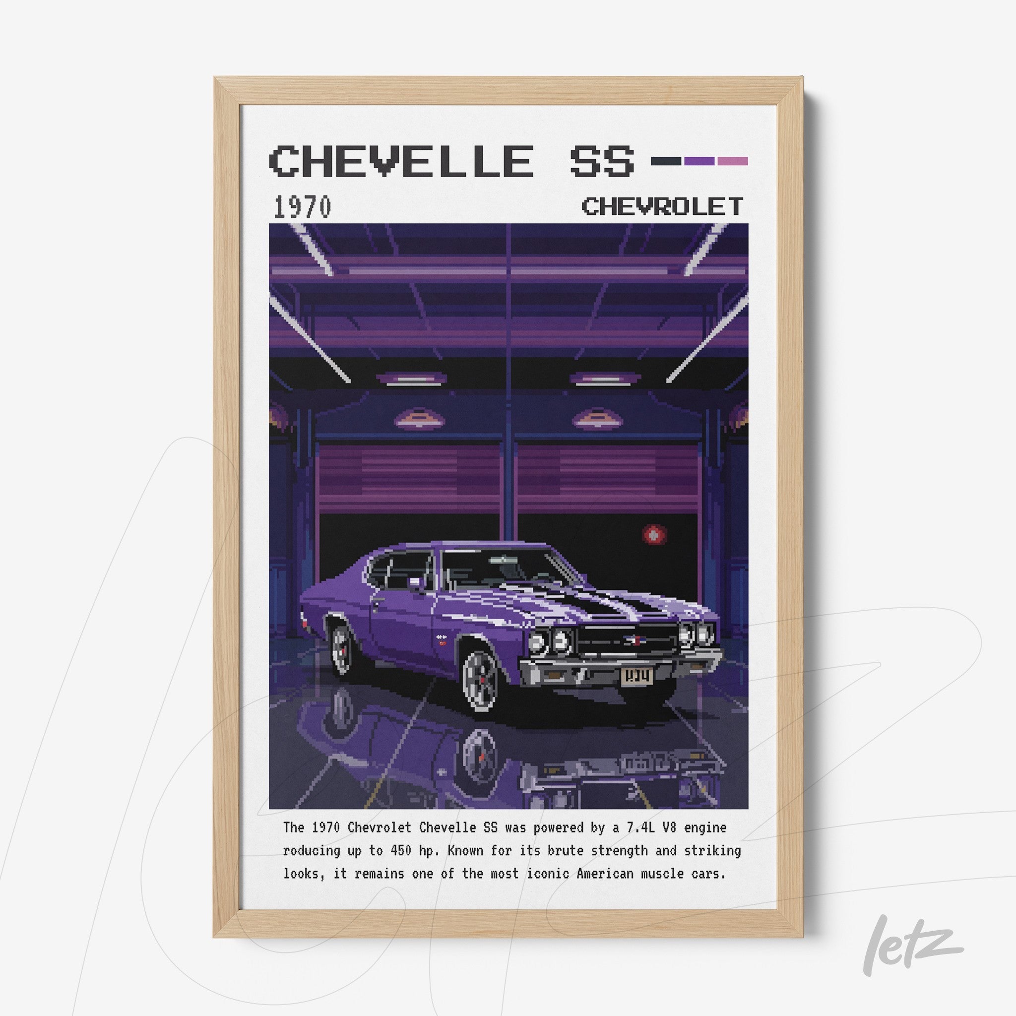 framed digital art of a 1970 Chevrolet Chevelle SS in retro style with light wood frame and dark garage background
