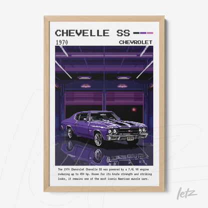 framed digital art of a 1970 Chevrolet Chevelle SS in retro style with light wood frame and dark garage background