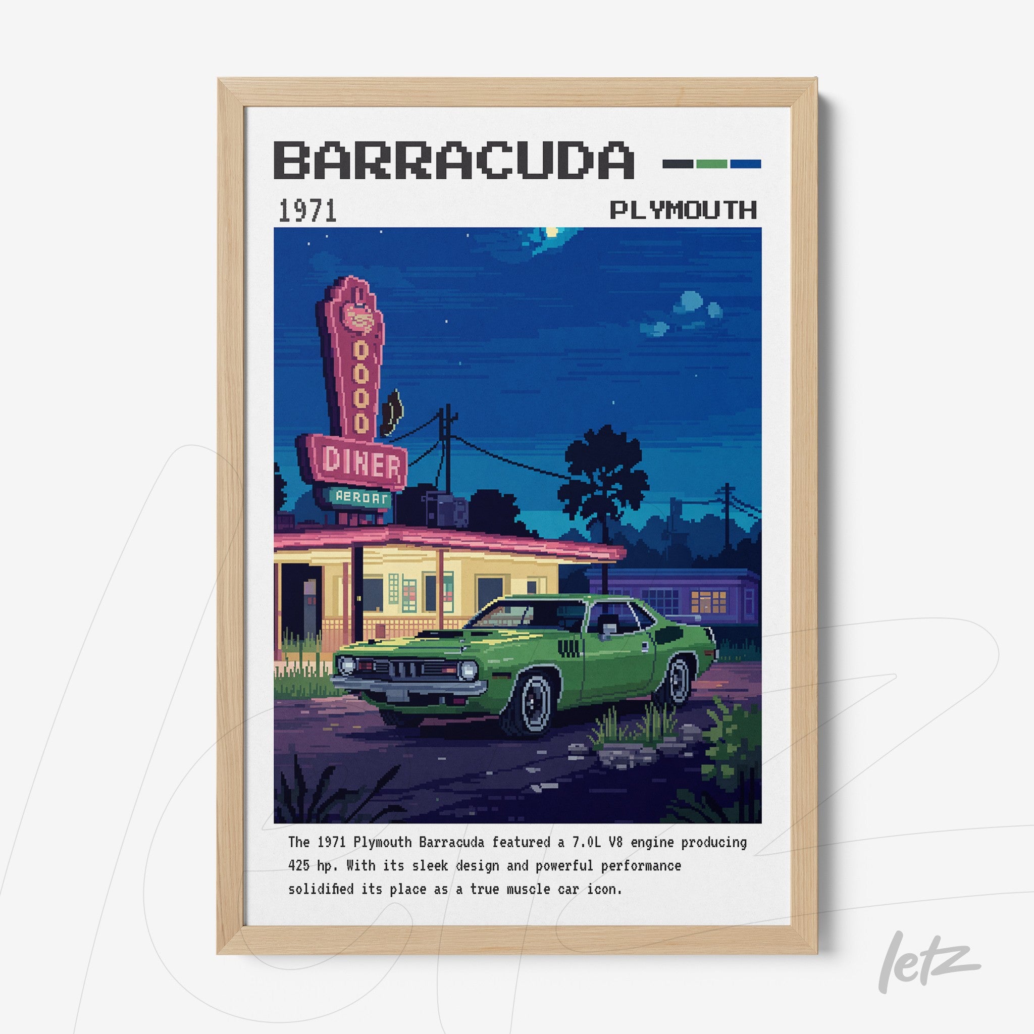 retro style framed artwork of a green Plymouth Barracuda in front of a classic diner with a wooden frame