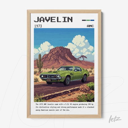 framed pixel art of a 1973 AMC Javelin car in a desert landscape with mountains in the background, light wood frame