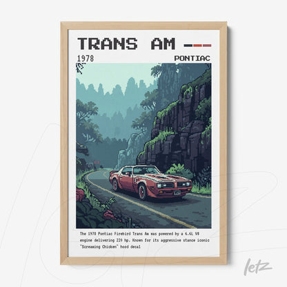 framed artwork featuring a vintage illustration of the 1978 Trans Am car on a tree-lined road