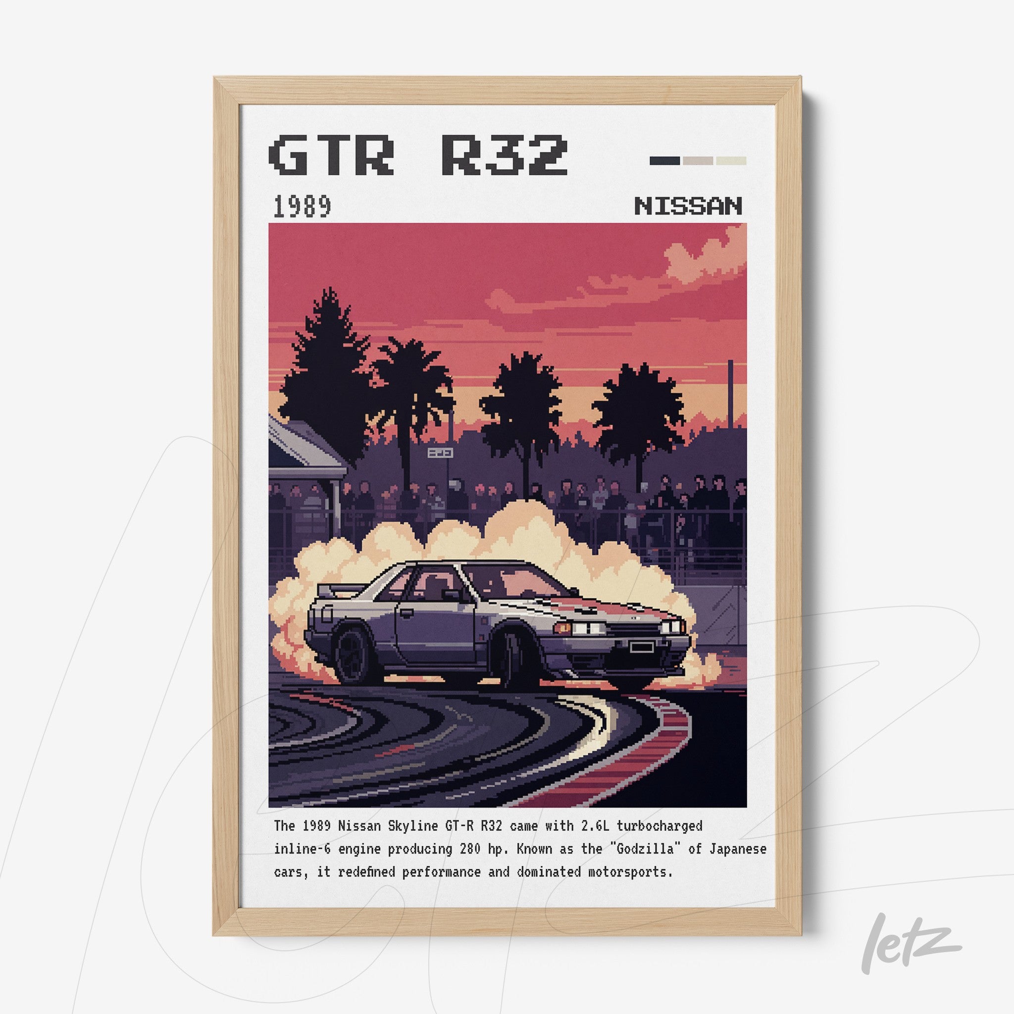 framed digital artwork of a Nissan Skyline GT-R R32 performing a drift with a backdrop of palms and a colorful sunset sky