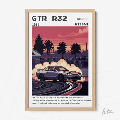 framed digital artwork of a Nissan Skyline GT-R R32 performing a drift with a backdrop of palms and a colorful sunset sky