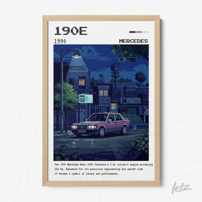 retro poster featuring pixel art of a Mercedes-Benz 190E at night with a light wood frame and an urban background