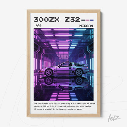 framed digital art of Nissan 300ZX Z32 car with light wood frame, colorful background featuring neon lights in purple and blue