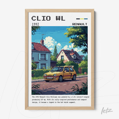 pixel art framed print of a yellow Renault Clio Williams on a residential street with houses and trees in the background, light wooden frame