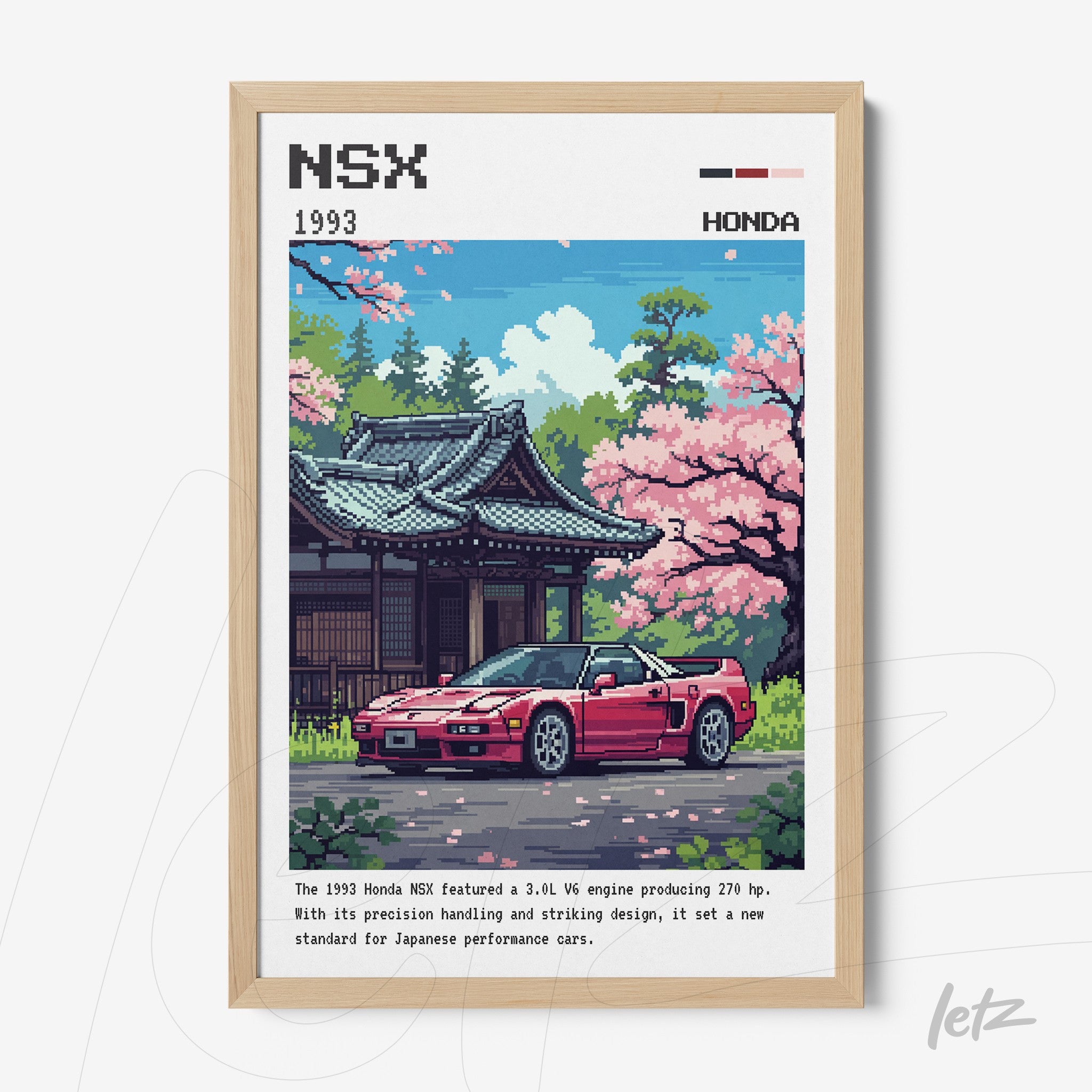 pixel art of a honda nsx car in front of a japanese temple surrounded by cherry blossom trees