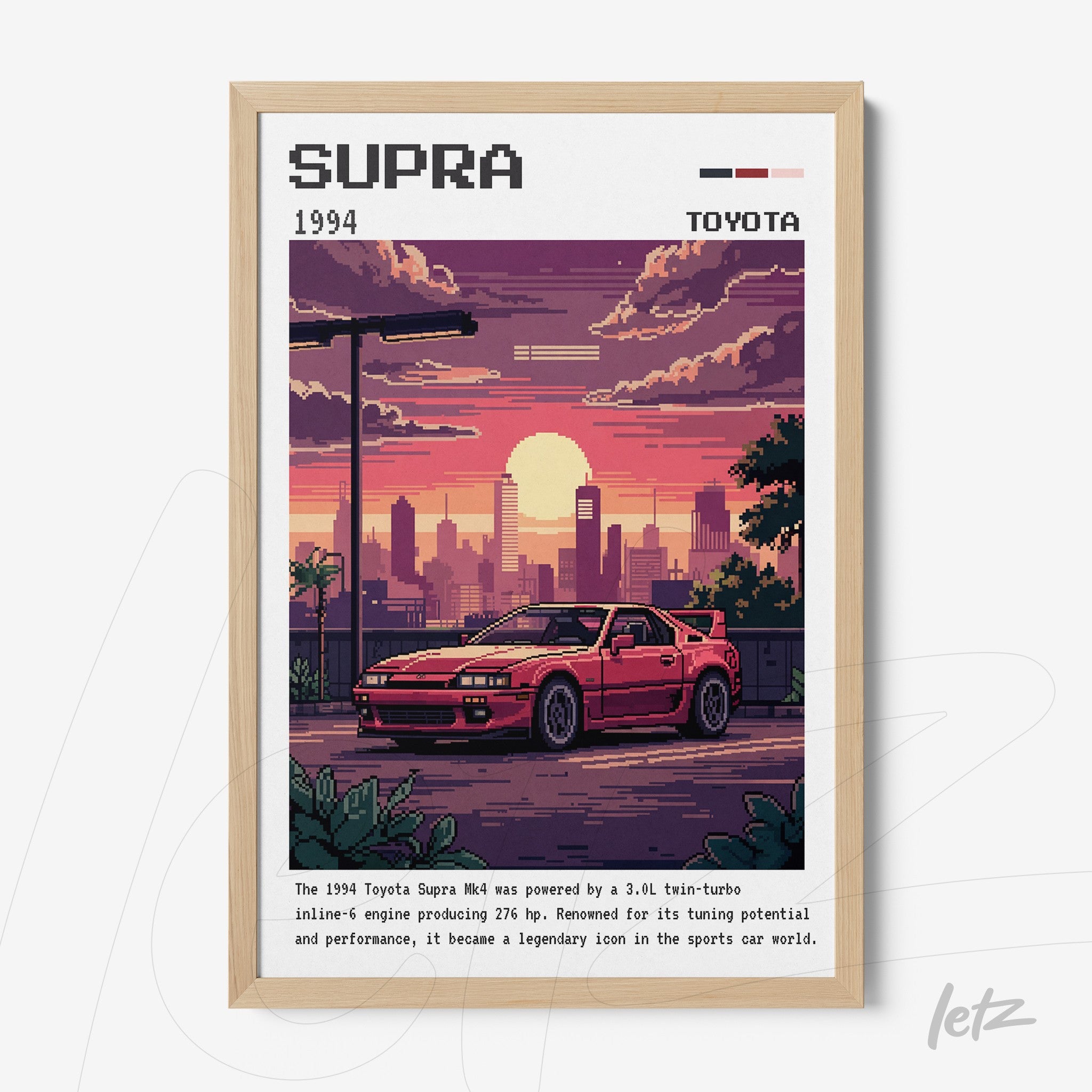 retro style wall art of 1994 Toyota Supra sports car in light wood frame with sunset background