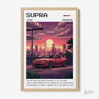 retro style wall art of 1994 Toyota Supra sports car in light wood frame with sunset background