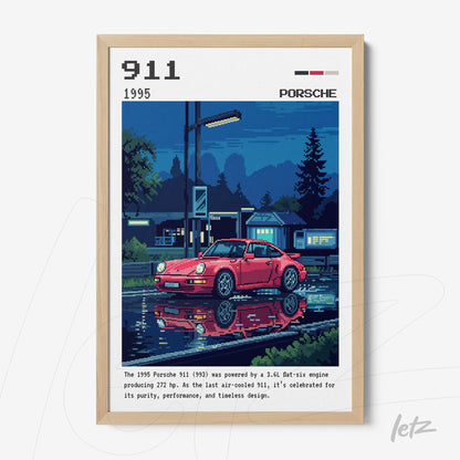 framed art print featuring a 1995 Porsche 911 illustration with a light wood frame and water reflection