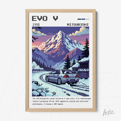 digital artwork featuring the Mitsubishi Lancer Evolution V in pixel art style, showcasing a snowy mountain backdrop and scenic winter road