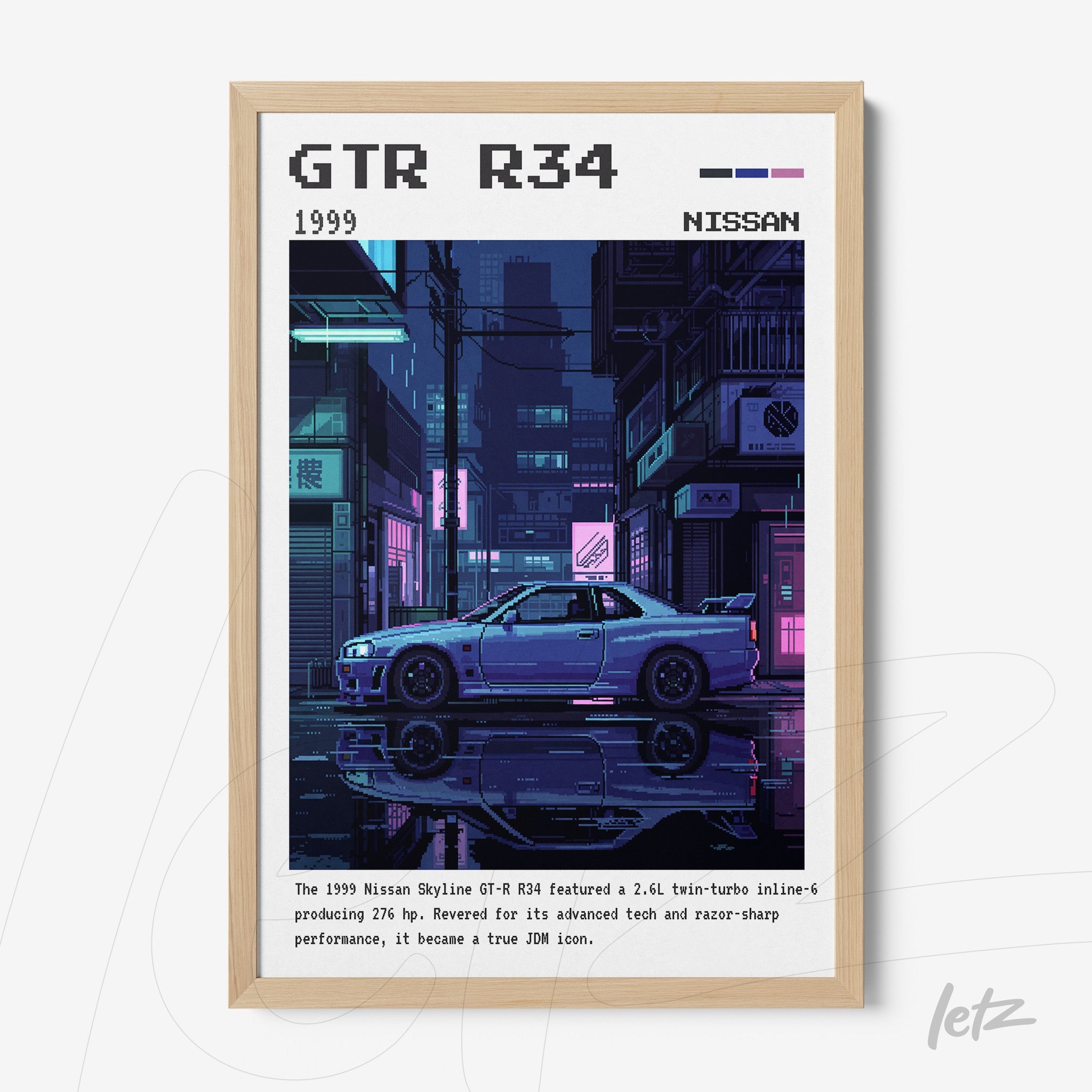 framed artwork of the nissan skyline gt-r r34 in a vibrant nighttime urban scene