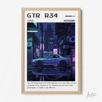 framed artwork of the nissan skyline gt-r r34 in a vibrant nighttime urban scene