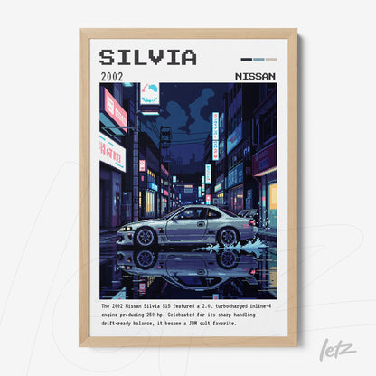 framed digital illustration of the 2002 Nissan Silvia, featuring a light wood frame and a nighttime urban setting with illuminated streets