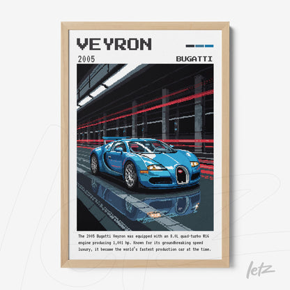 framed digital art of a Bugatti Veyron in an urban background with speed lines, light wood frame